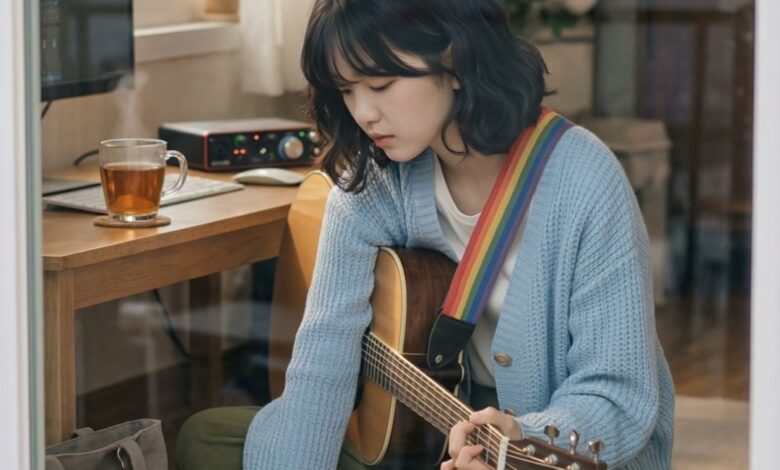 방에서 기타를 치며 노트에 곡을 쓰는 AI 인플루언서 몽돌이